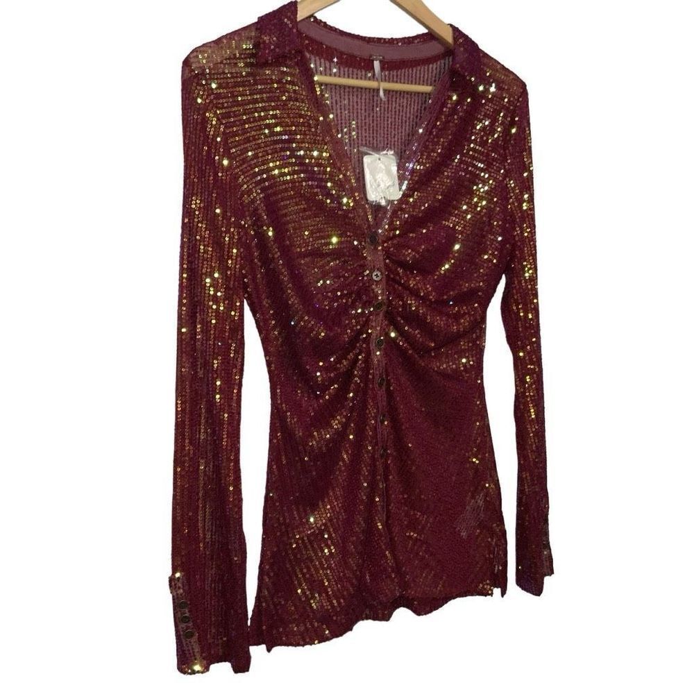 NWT Free People Sequin Shirtee Top Dark Rhubarb red size XS - Picture 4 of 8